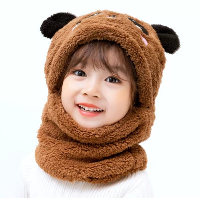 Kids Winter Panda Wool Cap with Attached Neck Warmer