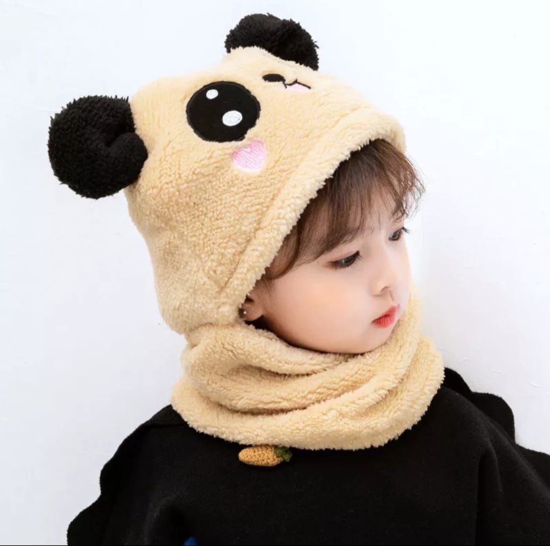 Kids Winter Panda Wool Cap with Attached Neck Warmer