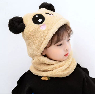 Kids Winter Panda Wool Cap with Attached Neck Warmer