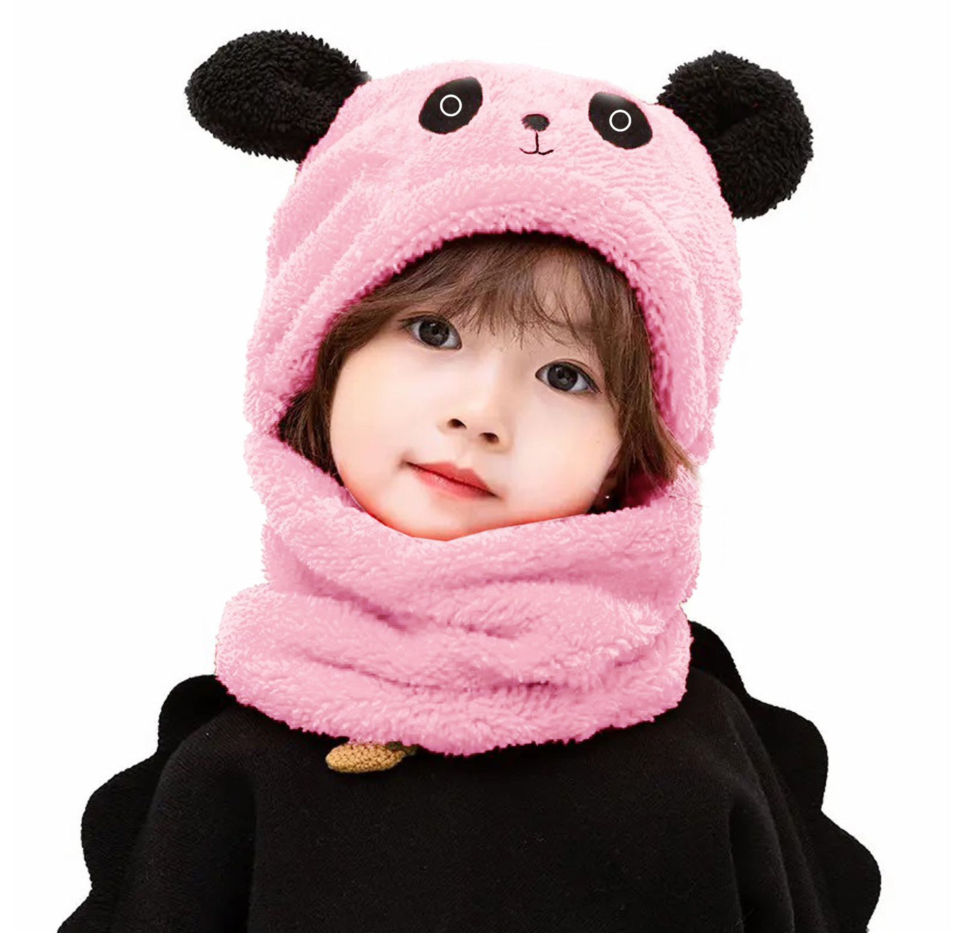Kids Winter Panda Wool Cap with Attached Neck Warmer