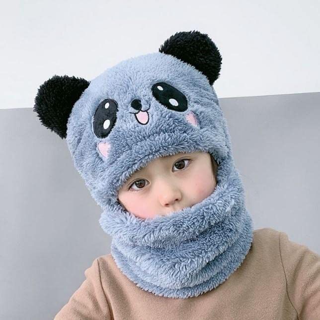 Kids Winter Panda Wool Cap with Attached Neck Warmer