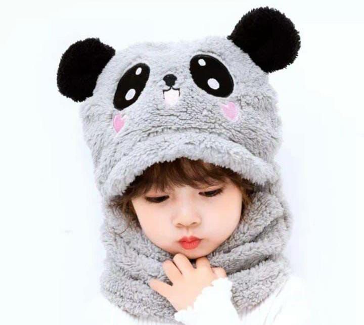 Kids Winter Panda Wool Cap with Attached Neck Warmer